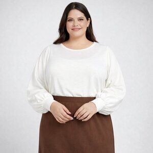 White Round Neck Long Balloon Sleeve Top XXL